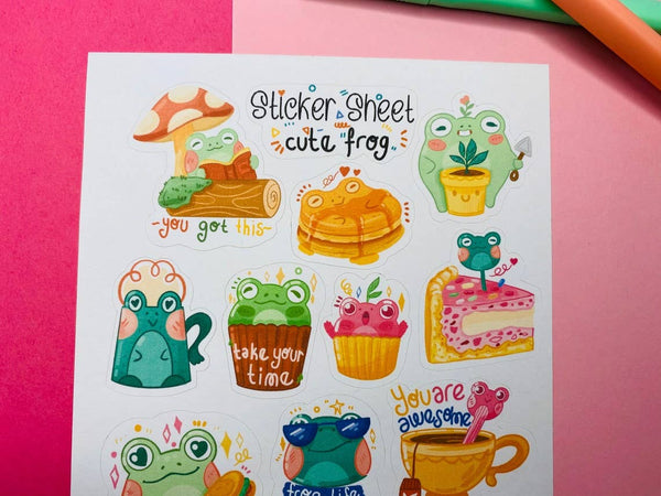 Cute Frog Stickers, Kawaii Sticker Pack, Sticker Sheet, Journal