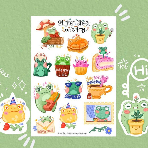In various size and finish: cute frog sticker sheet 1., green frog stickers,  animal stickers