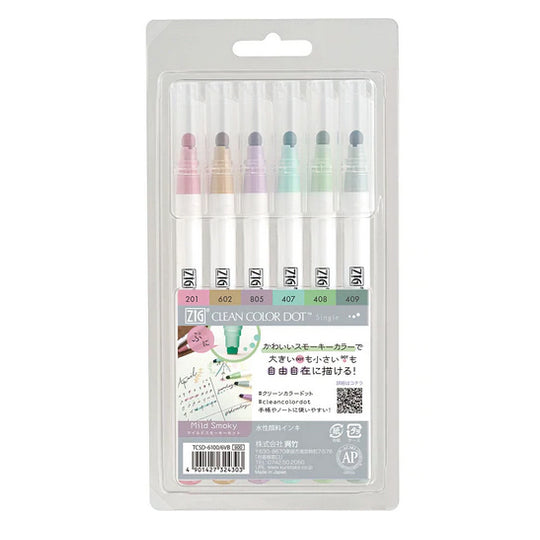 Kuretake MILD SMOKY Zig Clean Color Dot Set One Pen or 6 Piece Set  Single-tip Marker TCSD-6100/6VB -  Finland