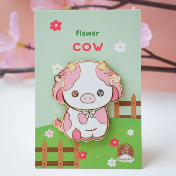 Pink Flower Cow Enamel Pin