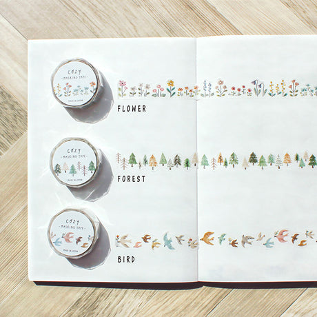 Mind Wave Cozy Flower Washi Tape. It features ballpoint pen-like illustration lines that blend naturally with handwritten text.