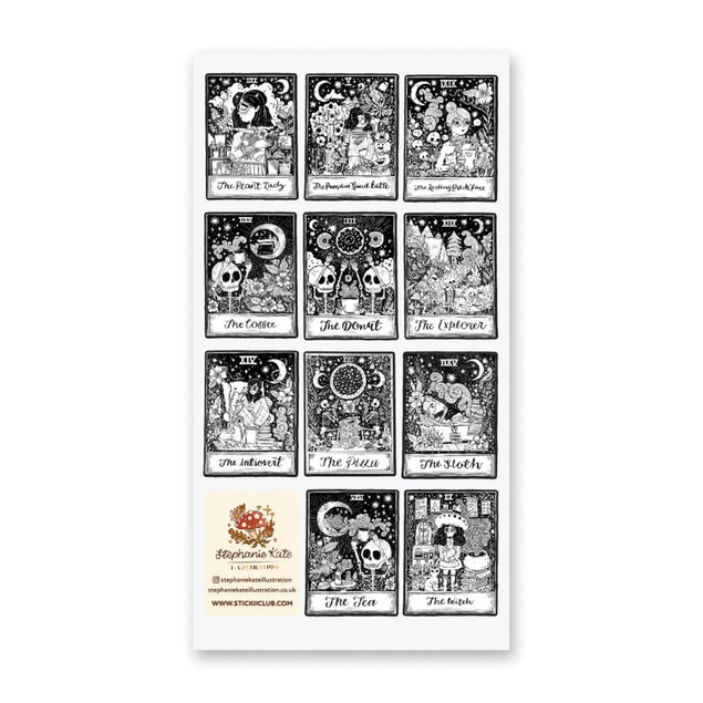 Hoja de pegatinas del tarot en blanco y negro