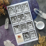 Hoja de pegatinas del tarot en blanco y negro