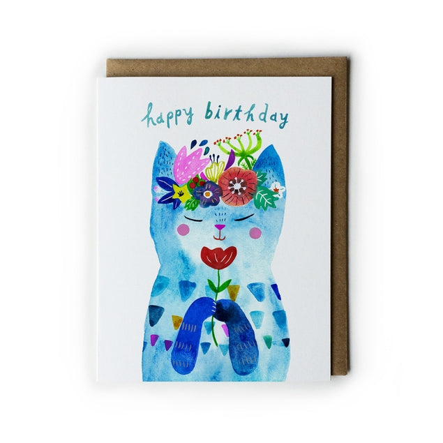 Tarjeta de felicitación de cumpleaños con gatito de flores azules