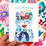 Tarjeta de felicitación de cumpleaños con gatito de flores azules