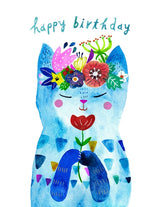 Tarjeta de felicitación de cumpleaños con gatito de flores azules