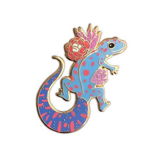 Blue spotted gecko hard enamel pin in shiny gold metal and screen print details.