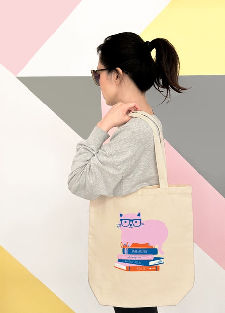 Bolsa de mano con diseño de gato amante de los libros