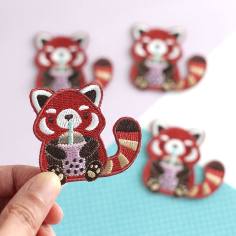 Bubble Tea Red Panda Iron On Patch