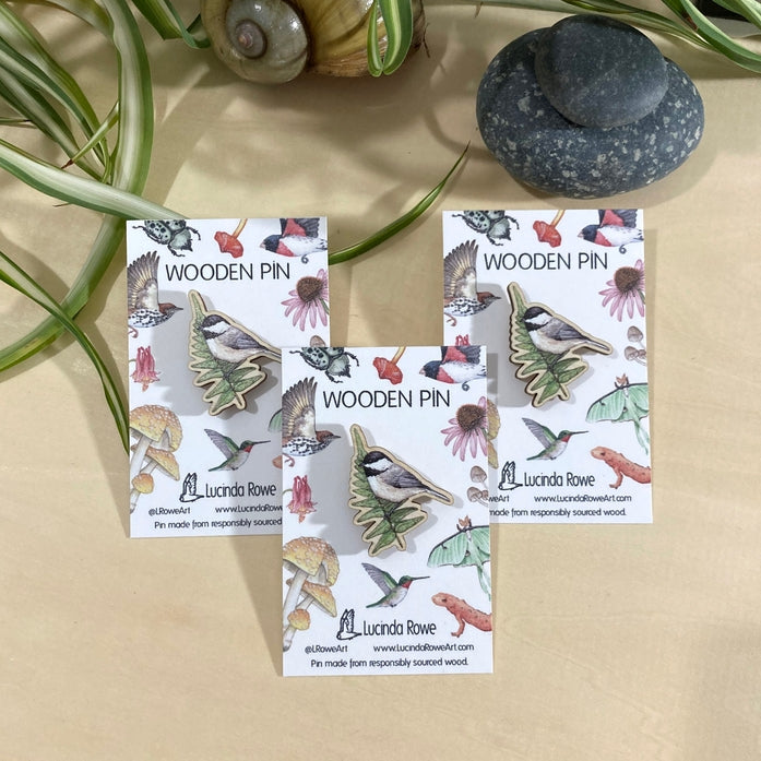 Carolina Chickadee On Fern Wooden Pin