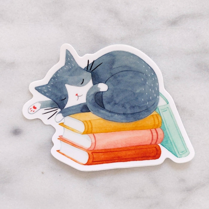 Pegatina de gato y libros 