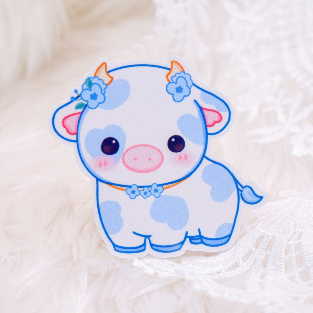 Cute Blue Flower Cow Sticker