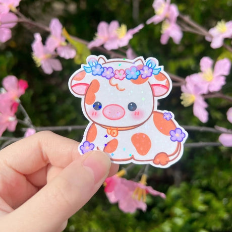 Cute Brown Flower Cow Sticker