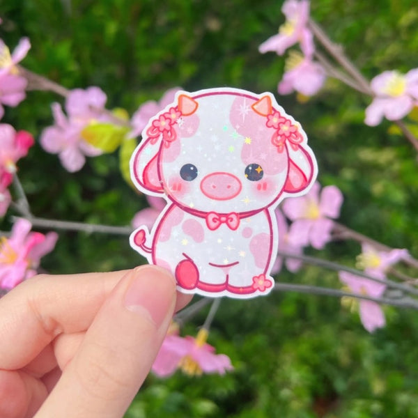 Cute Pink Flower Cow Sticker