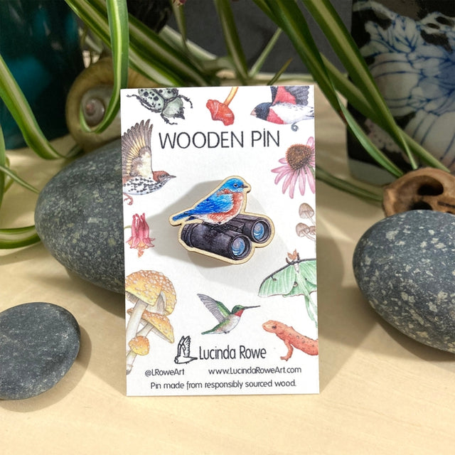 Eastern Bluebird On Binoculars Wooden Pin