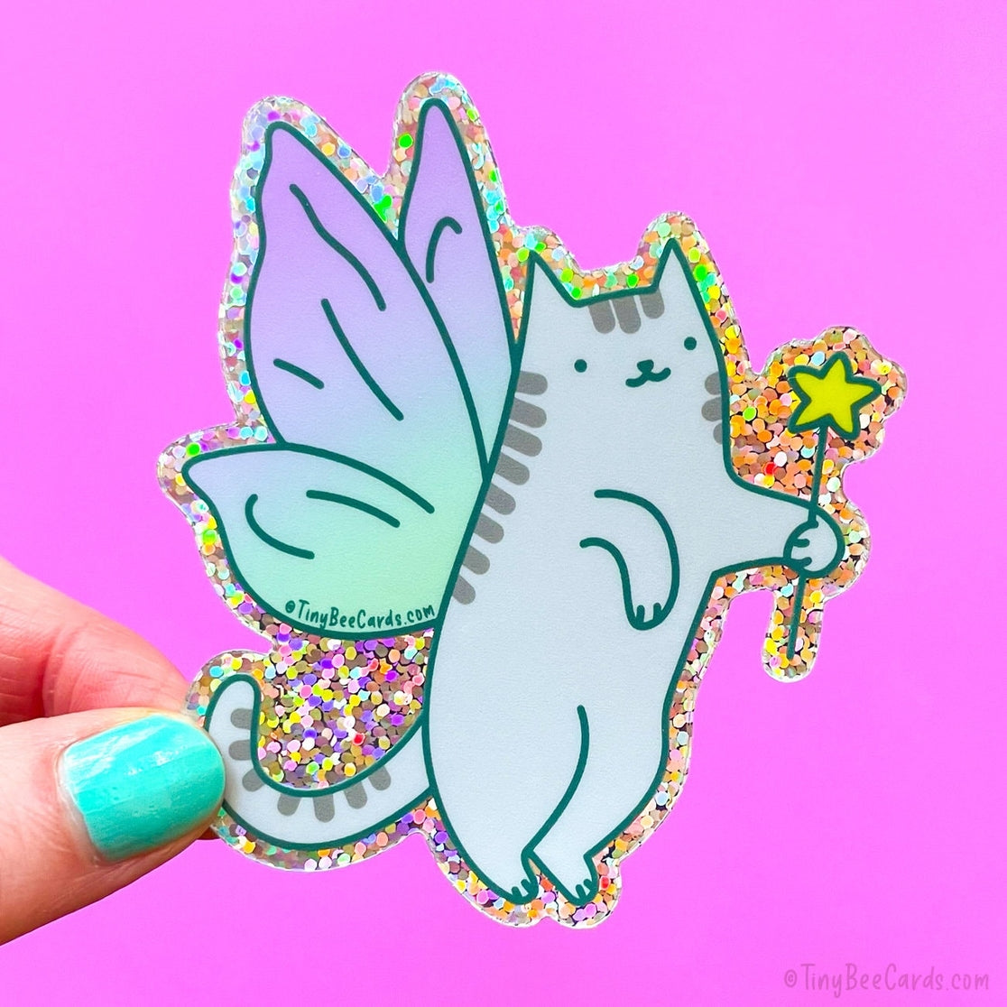 Fairy Cat Glitter Whimsical Vinyl Sticker