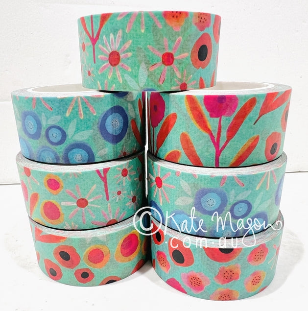 Cinta washi color aguamarina con motivos florales 