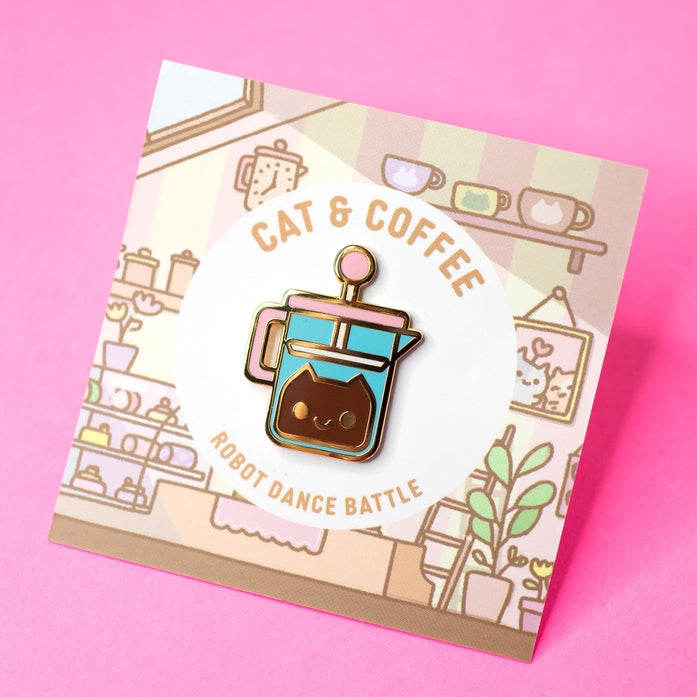 Pin de esmalte con forma de gato con forma de café de prensa francesa