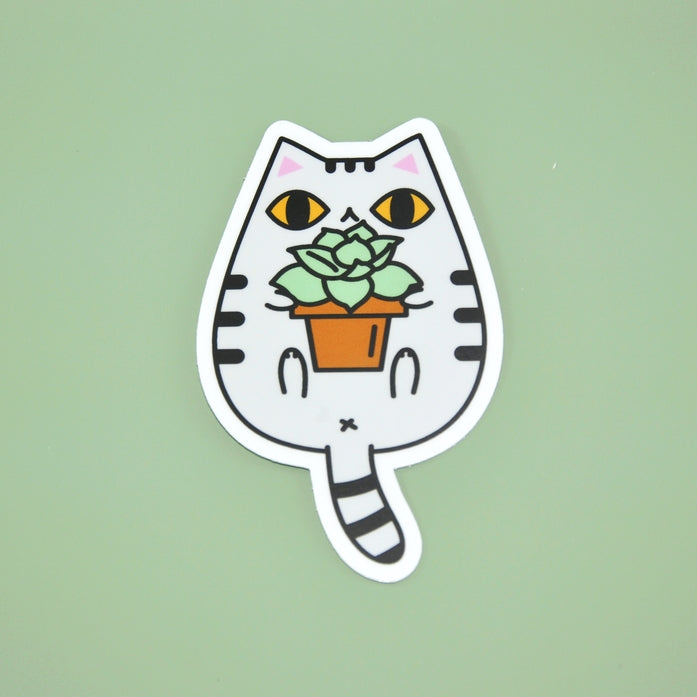 Gray Tabby Cat and Succulent Plant Vinyl Sticker