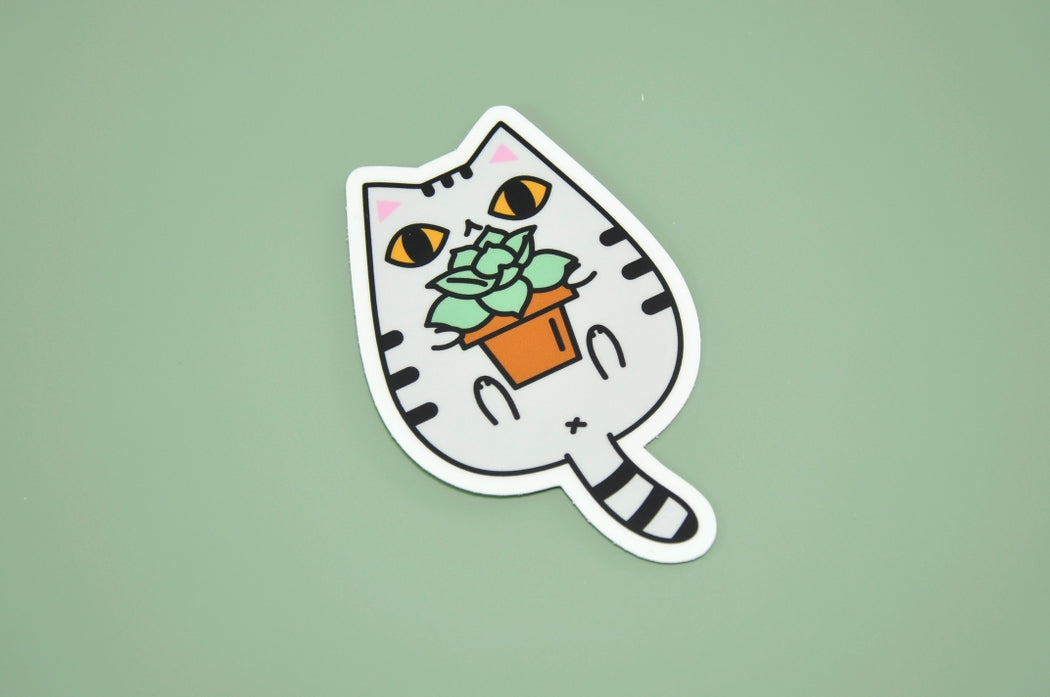 Gray Tabby Cat and Succulent Plant Vinyl Sticker