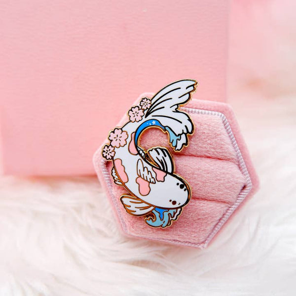 Japanese Cherry Blossom White Koi Fish Enamel Pin