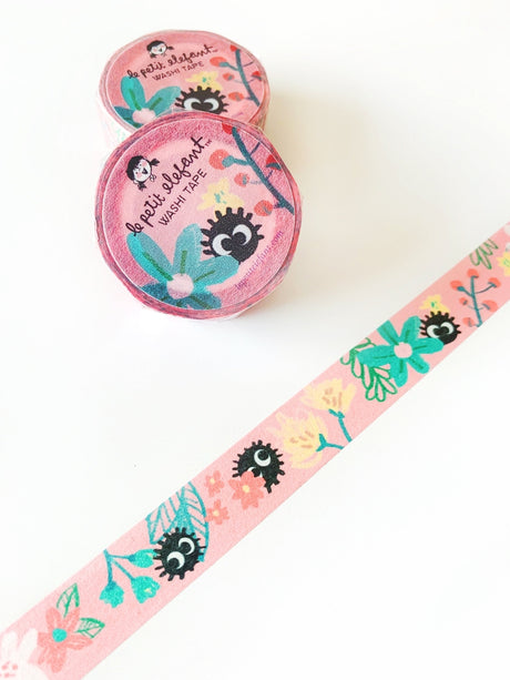 Cinta washi con bolas de hollín y flores rosas