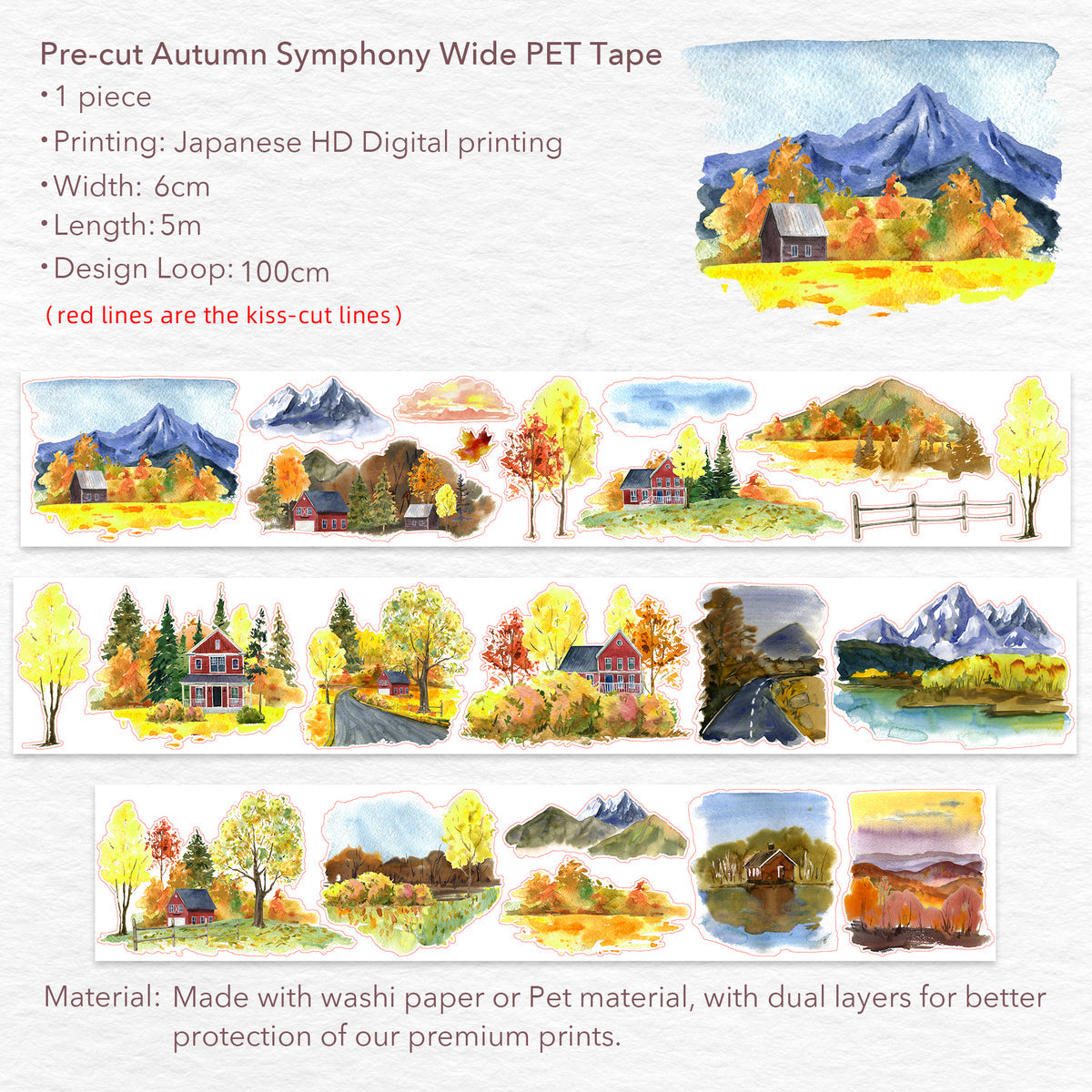 Pre-cut Autumn Symphony Wide Washi / PET Tape