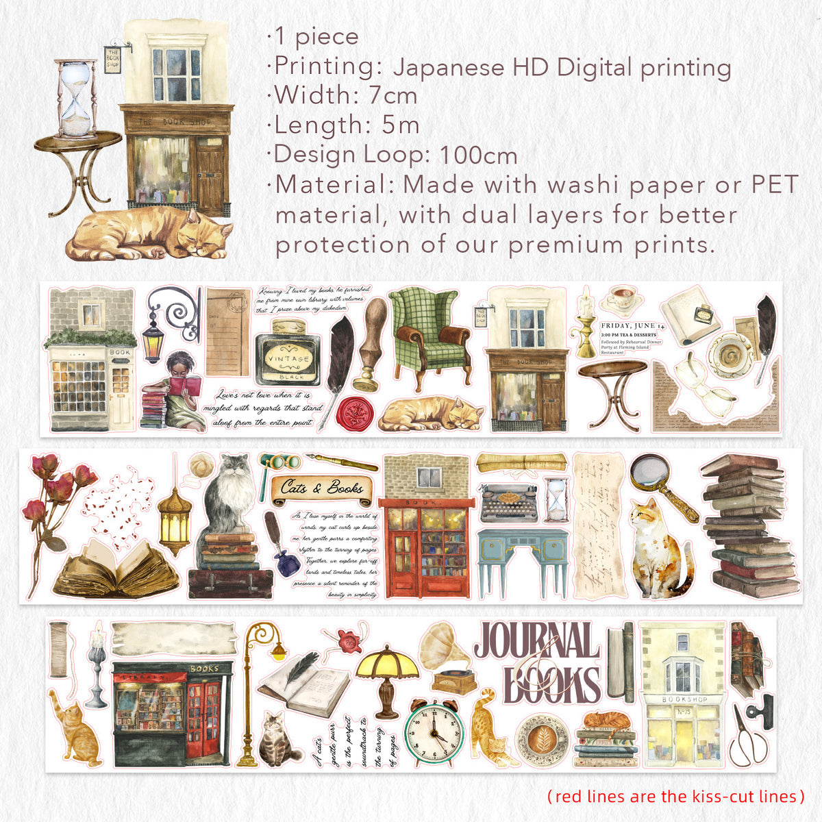 Pre-cut Cats and Books Wide Washi / PET Tape