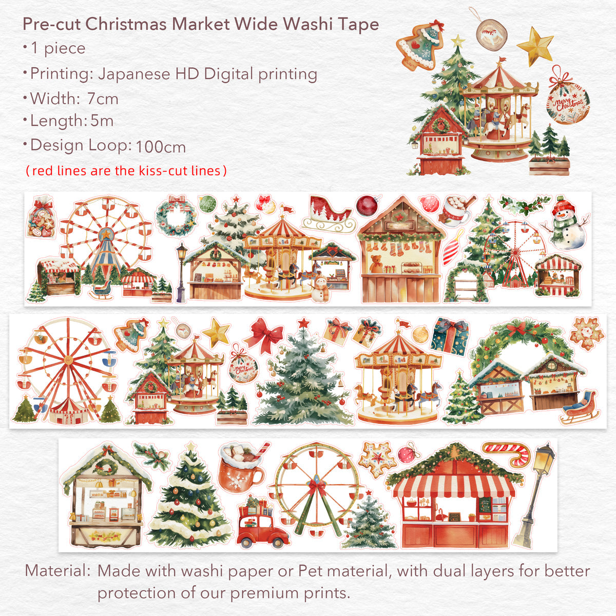 Pre-cut Christmas Market Wide Washi / PET Tape