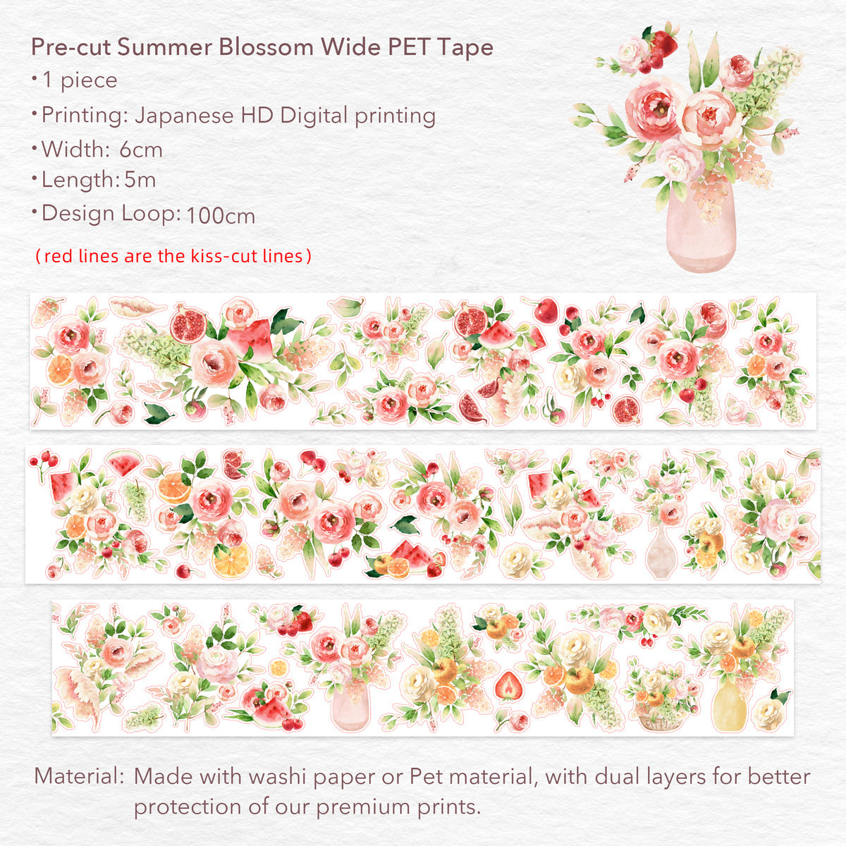 Pre-cut Summer Blossom Wide Washi / PET Tape