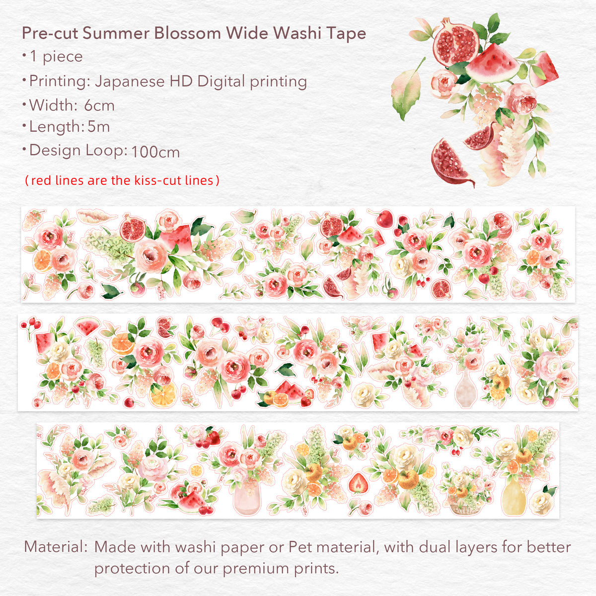 Pre-cut Summer Blossom Wide Washi / PET Tape