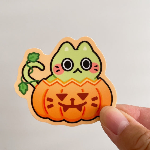 Pegatina de vinilo con forma de gato calabaza