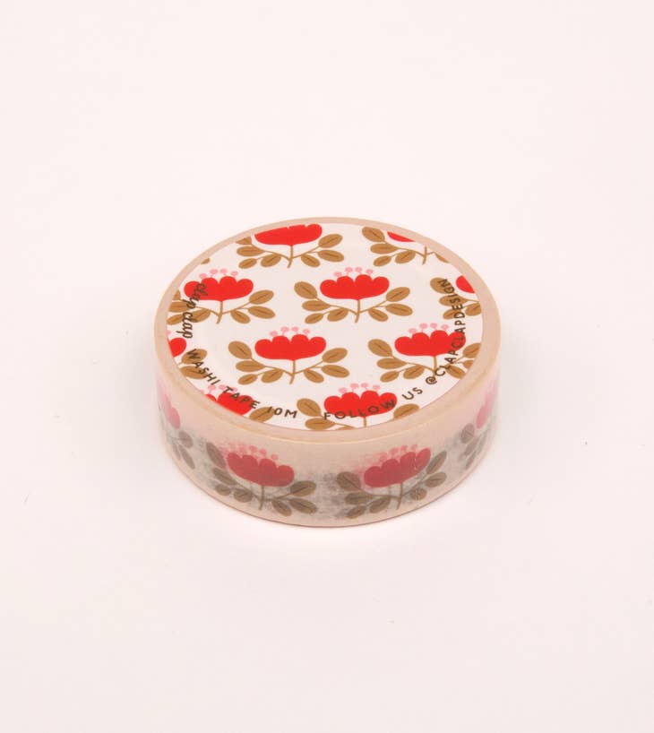 Cinta washi con estampado floral rojo - Crema