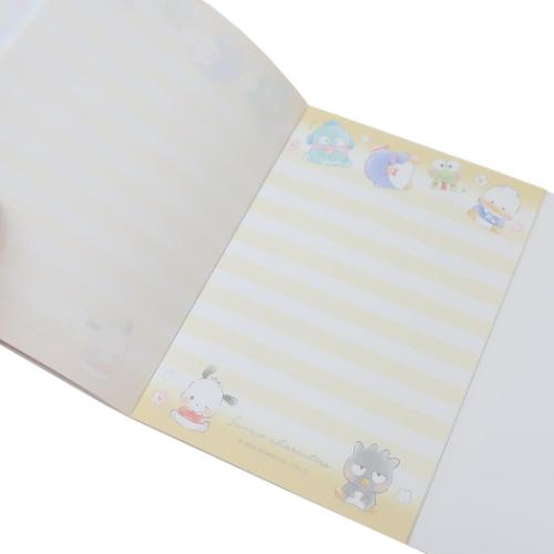 A6 notepad featuring Sanrio characters including Hello Kitty, Cinnamoroll, Keroppi, Kuromi, My Melody, Pompompurin, Pochacco, Badtz-Maru, Tuxedo Sam, Pekkle and Hangyodon!