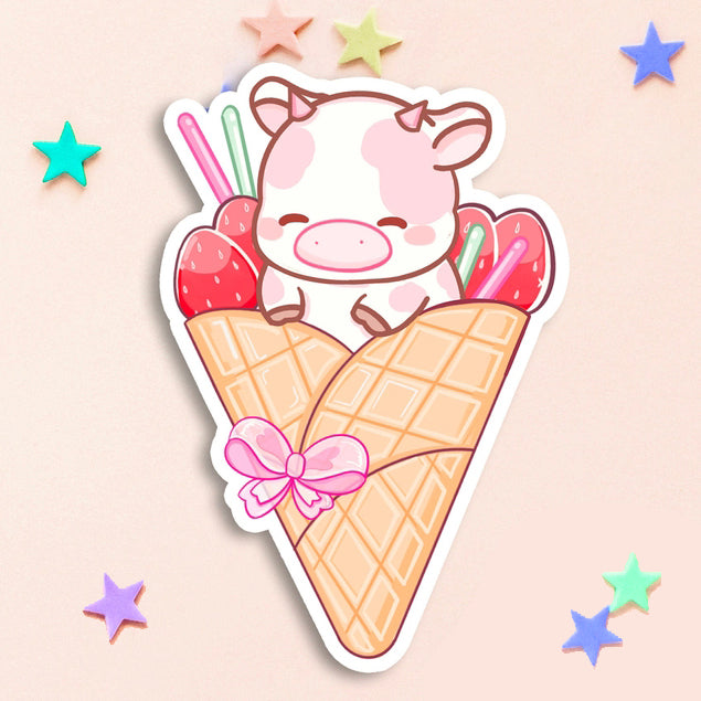 Strawberry Crepe Cow Sticker