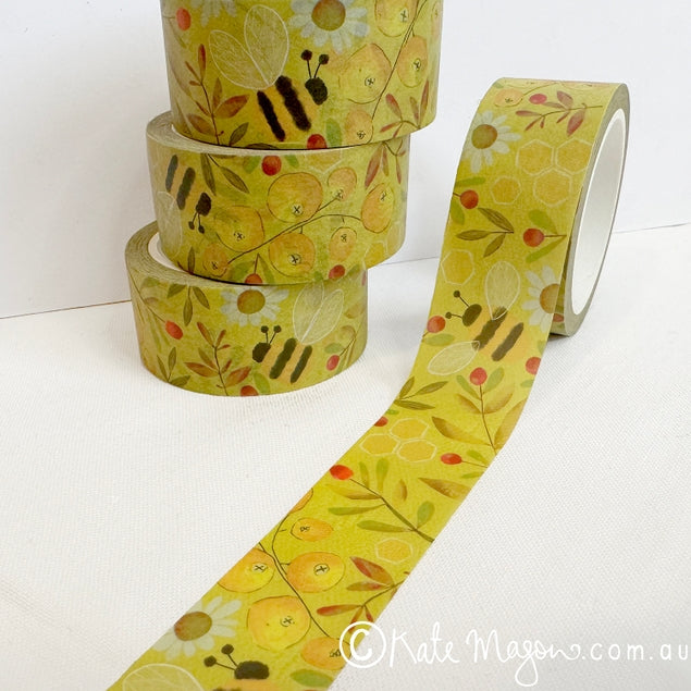 Cinta washi con diseño de abejas y bayas amarillas 