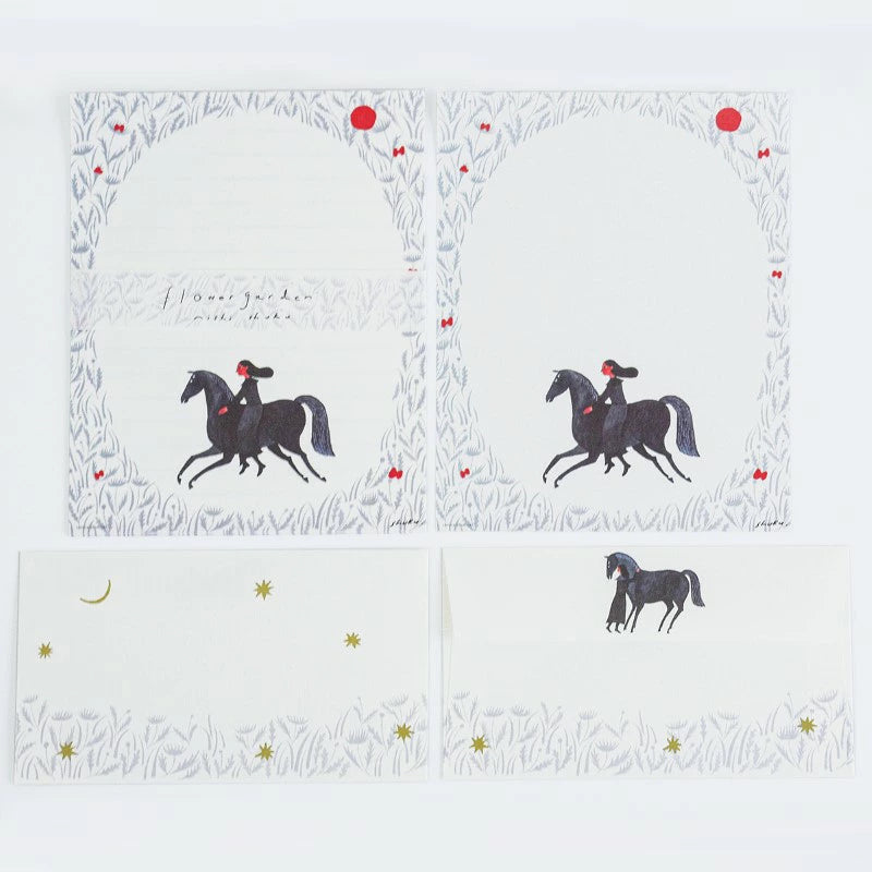 Japanese Stationery - Horse Flower Garden Letter Set Writing Papers & Envelopes from Illustrator Nishi Shuku.