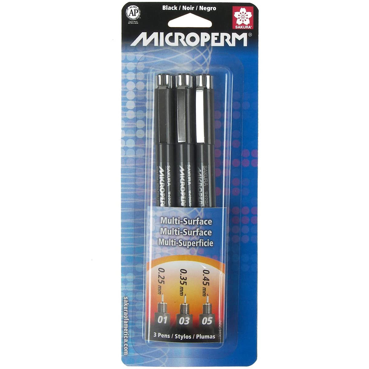 Permanent micro-point ink pens that draw ultra fine lines. They will write on most surfaces, are quick drying, waterproof and resistant to cleaners. The hard plastic tips are protected by metal sleeves. The set of three black pens include widths .25 mm., .35 mm. and .45 mm.