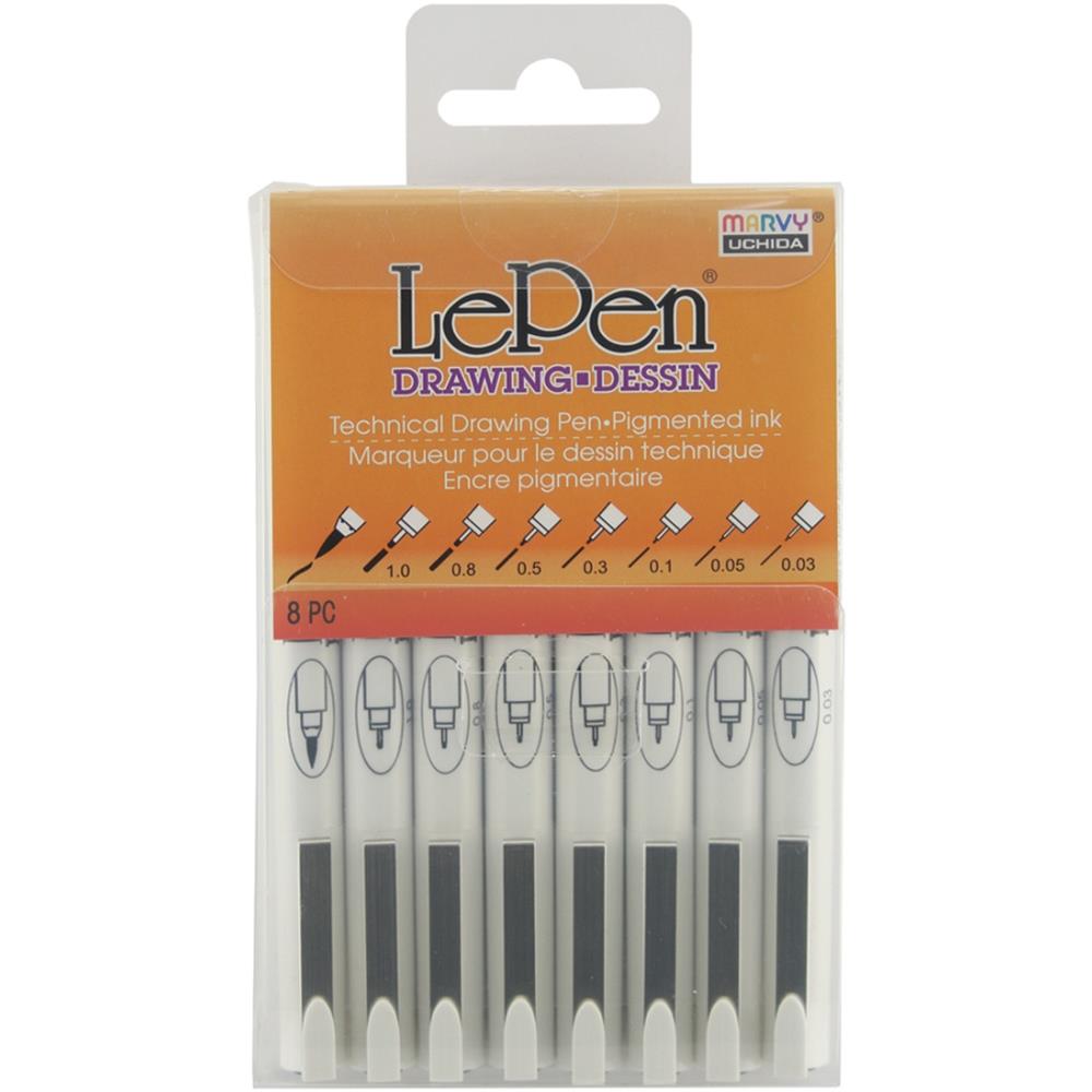 A pigmented ink pen that resists bleeding and is permanent on paper when dry. Set includes the following tips: 0.03, 0.05, 0.1, 0.3, 0.5, 0.8, 1.0 and brush tip.