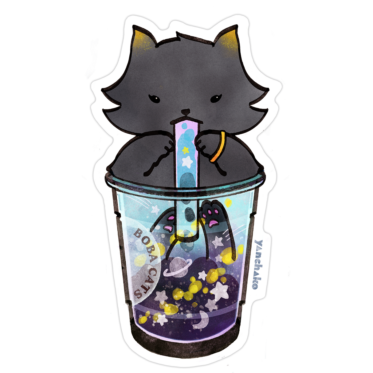 Boba Cat Twilight Blueberry Vinyl Sticker