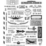 Correspondence Tim Holtz Cling Stamps including Air Mail, Special Delivery, Stamp, US Airmail Service, Handle with care, Air Letter, Letter, Post office and etc. These red rubber stamps come mounted on cling foam so you can use them with any acrylic block