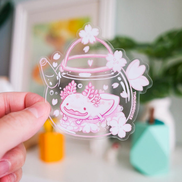 Cherry Blossom Axolotl Tea Vinyl Sticker (Clear)