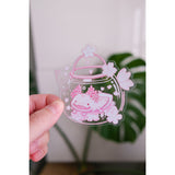 Cherry Blossom Axolotl Tea Vinyl Sticker (Clear)