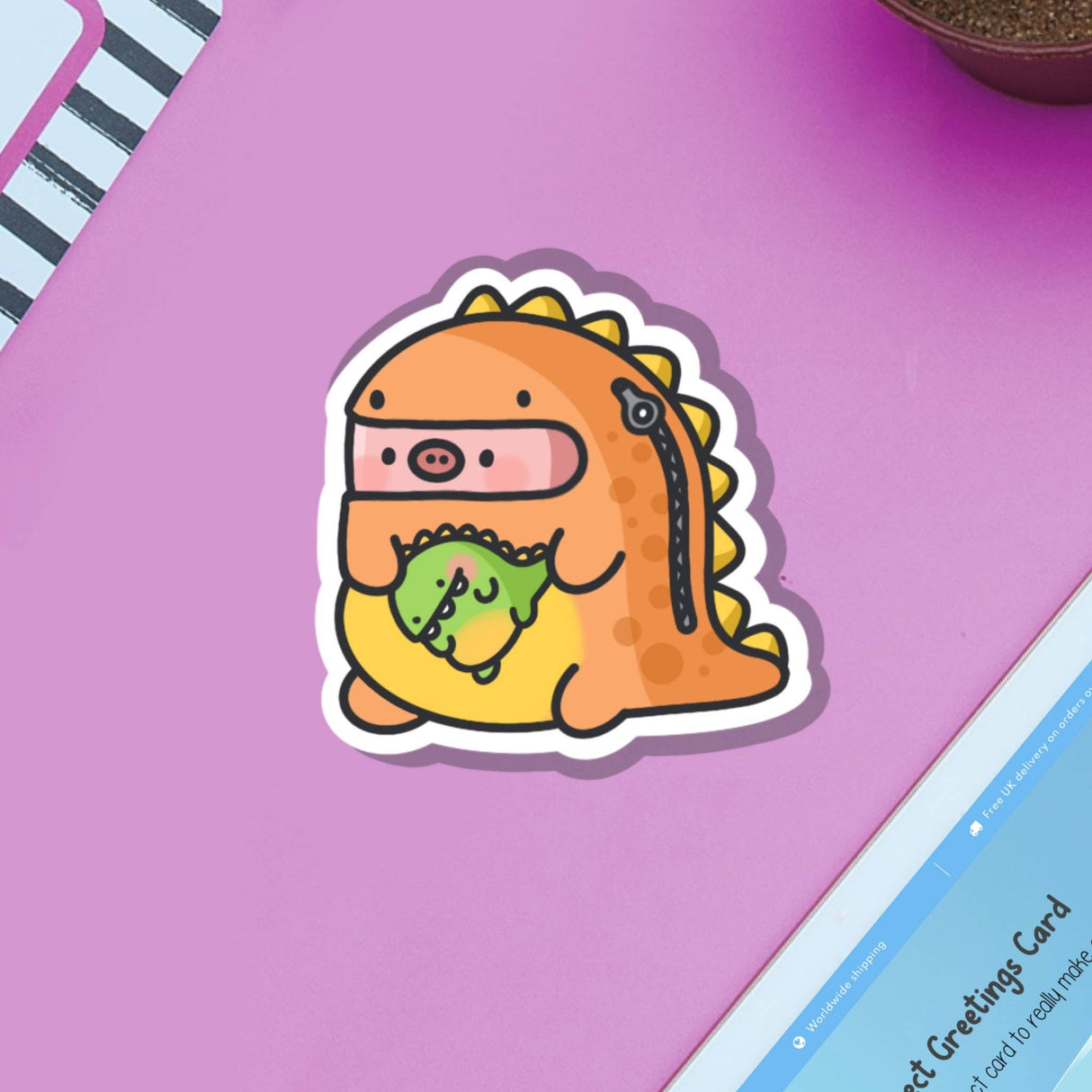 Cute Pig in Dinosaur Outfit Vinyl Sticker