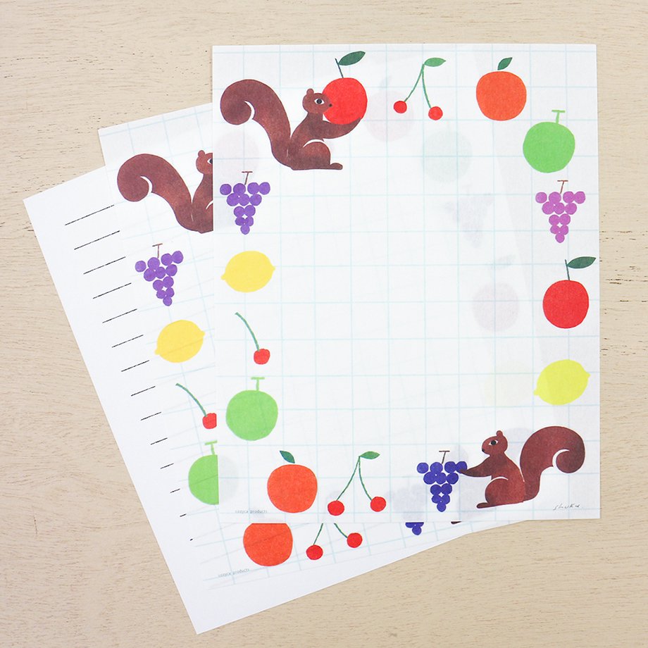 Japanese Stationery - Fruits & Squirrel Letter Set Writing Papers & Envelopes from Illustrator Nishi Shuku.