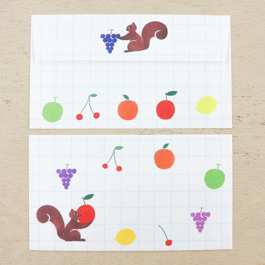 Japanese Stationery - Fruits & Squirrel Letter Set Writing Papers & Envelopes from Illustrator Nishi Shuku.