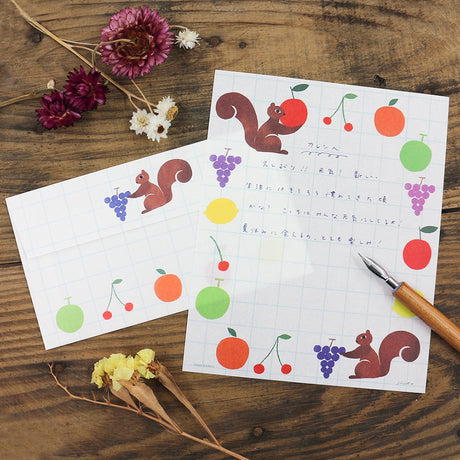 Japanese Stationery - Fruits & Squirrel Letter Set Writing Papers & Envelopes from Illustrator Nishi Shuku.