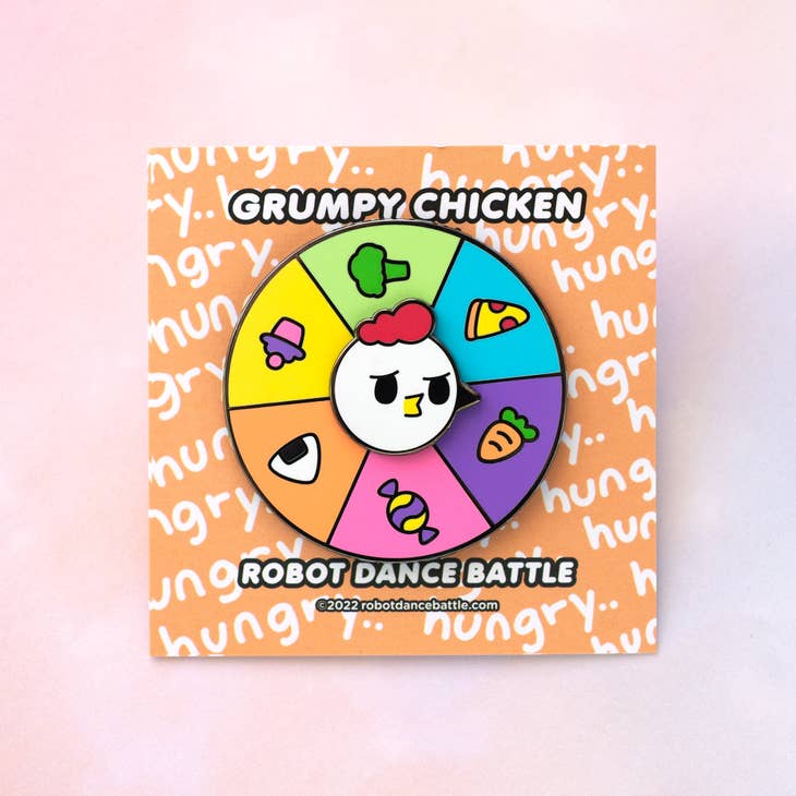 Pin esmaltado giratorio con forma de pollo gruñón para recoger comida