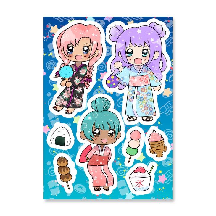 Kimono Kawaii Anime Summer Festival Sticker Sheet