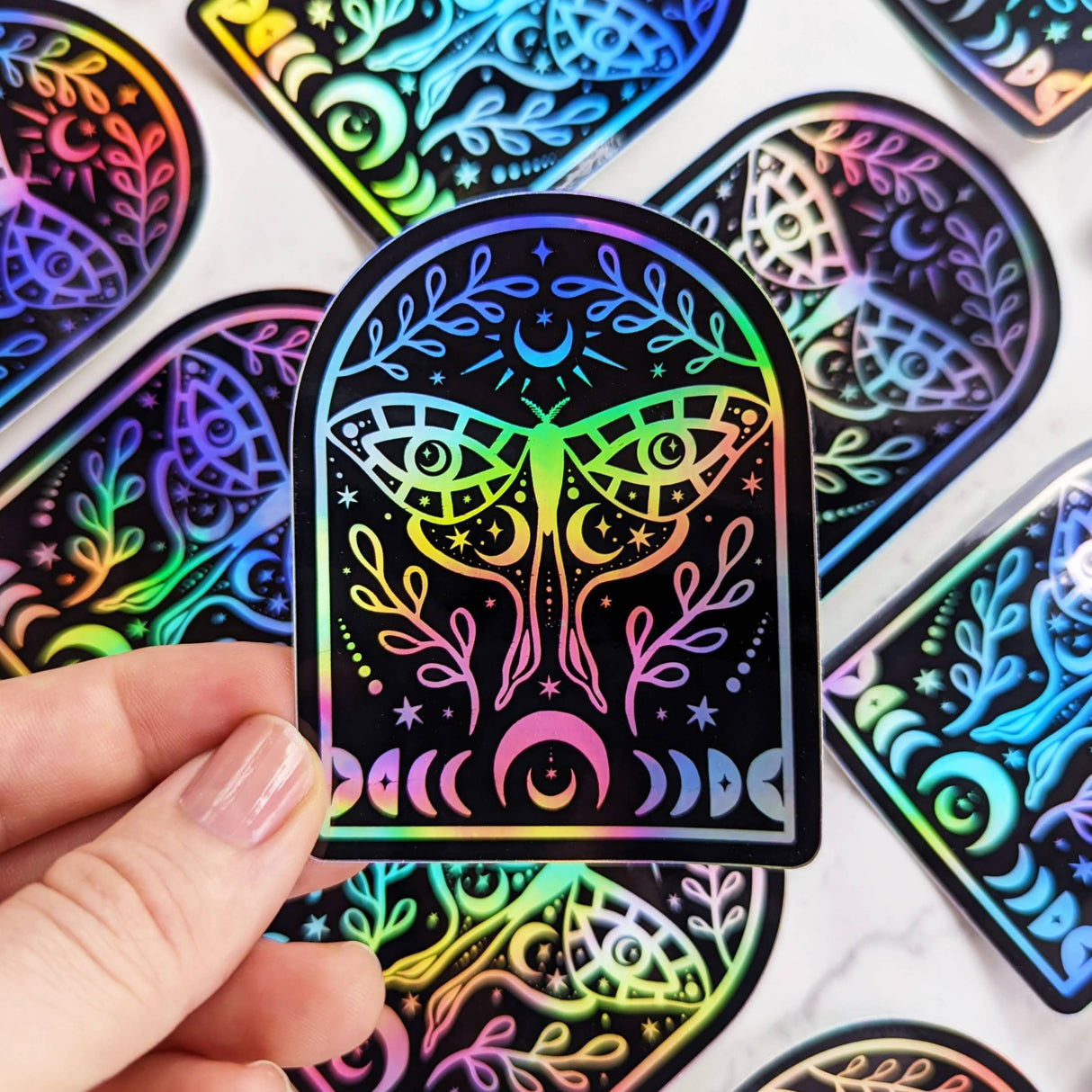 Luna Moth Celestial Moon Phase Holographic Vinyl Sticker